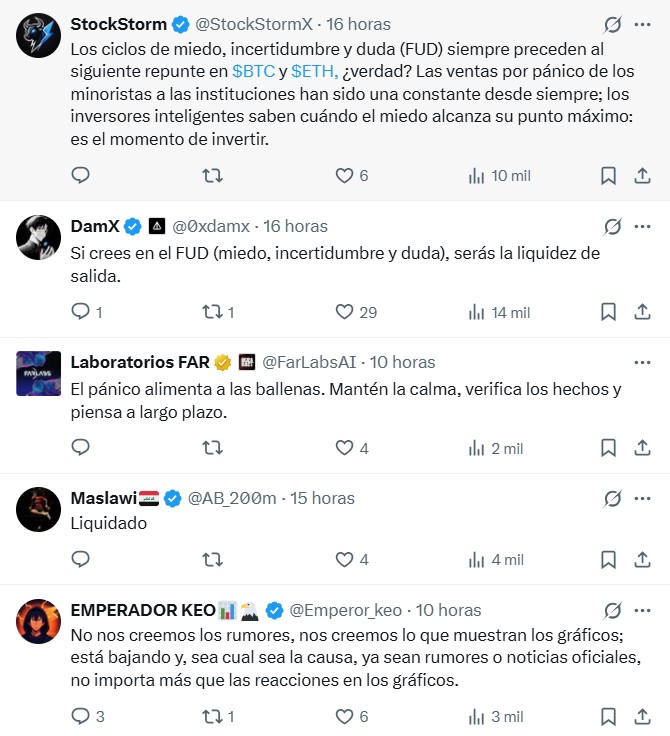 Mensajes sobre la caída del precio de bitcoin en X