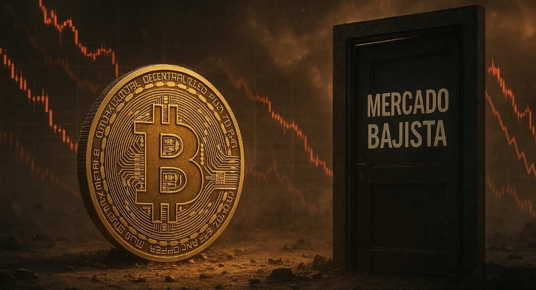 Moneda física de bitcoin dorada al lado de una puerta de mandera que dice "mercado bajista", con gráficas rojas de fondo y un ambiente apocalíptico.
