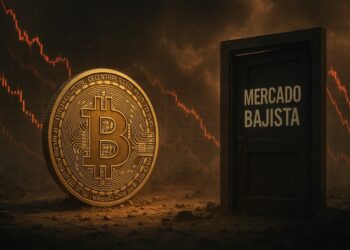 Moneda física de bitcoin dorada al lado de una puerta de mandera que dice "mercado bajista", con gráficas rojas de fondo y un ambiente apocalíptico.