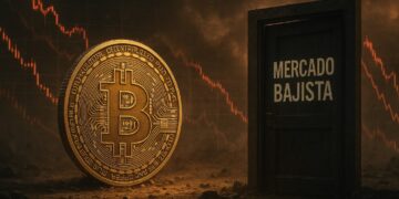 Moneda física de bitcoin dorada al lado de una puerta de mandera que dice "mercado bajista", con gráficas rojas de fondo y un ambiente apocalíptico.