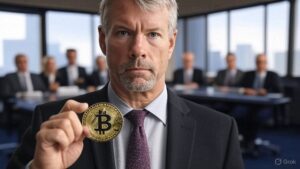 Michael Saylor, presidente ejecutivo de Strategy, sosteniendo una moneda de bitcoin en una oficina rodeado de ejecutivos.
