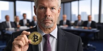 Michael Saylor, presidente ejecutivo de Strategy, sosteniendo una moneda de bitcoin en una oficina rodeado de ejecutivos.