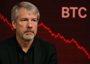 Imagen de Michael Saylor en primer plano y, en el fondo, un gráfico de bitcoin rojo cayendo.