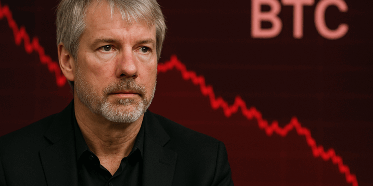 Imagen de Michael Saylor en primer plano y, en el fondo, un gráfico de bitcoin rojo cayendo.