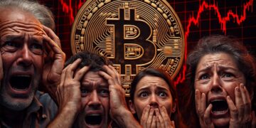 Personas con miedo y pánico con una moneda física de bitcoin doradas y gráficas de mercado rojas.