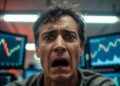 Un trader con el rostro desencajado por el pánico en primer plano hiperrealista frente a múltiples pantallas de trading.