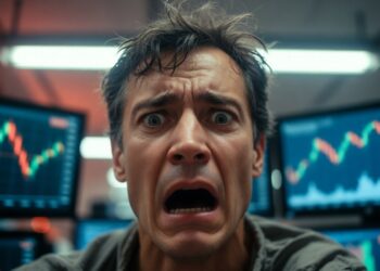 Un trader con el rostro desencajado por el pánico en primer plano hiperrealista frente a múltiples pantallas de trading.