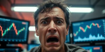 Un trader con el rostro desencajado por el pánico en primer plano hiperrealista frente a múltiples pantallas de trading.