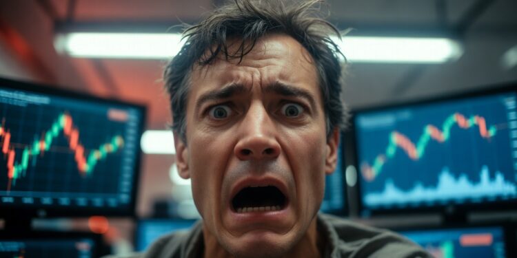 Un trader con el rostro desencajado por el pánico en primer plano hiperrealista frente a múltiples pantallas de trading.