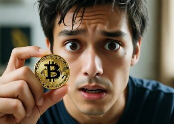 Un hombre con el pelo oscuro y los ojos muy abiertos mira directamente al espectador mientras sostiene una gran moneda dorada de Bitcoin en primer plano. Su expresión facial sugiere miedo y asombro.