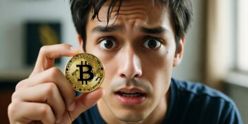 Un hombre con el pelo oscuro y los ojos muy abiertos mira directamente al espectador mientras sostiene una gran moneda dorada de Bitcoin en primer plano. Su expresión facial sugiere miedo y asombro.