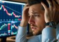 Un trader se muestra visiblemente estresado mientras mira fijamente múltiples gráficos financieros en dos monitores de computadora oscuros.