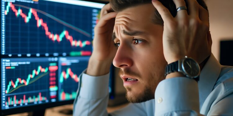 Un trader se muestra visiblemente estresado mientras mira fijamente múltiples gráficos financieros en dos monitores de computadora oscuros.