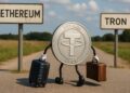 Una moneda de USDT con maletas en mano, migrando desde un pais que dice Ethereum y otro pais que se llama Tron.