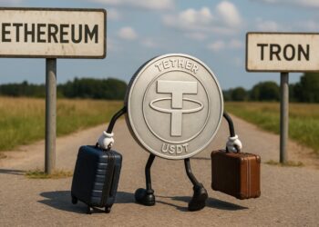 Una moneda de USDT con maletas en mano, migrando desde un pais que dice Ethereum y otro pais que se llama Tron.