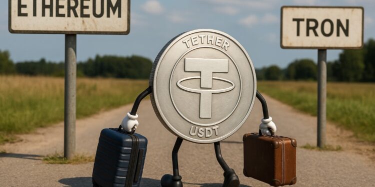 Una moneda de USDT con maletas en mano, migrando desde un pais que dice Ethereum y otro pais que se llama Tron.