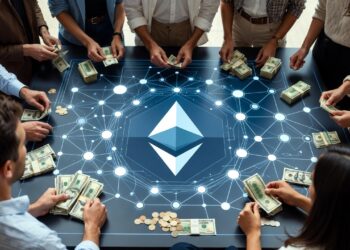 Una gran mesa circular con el logo de Ethereum en el centro con una red luminosa de nodos interconectados y alrededor de la mesa, un grupo diverso de personas coloca fajos de billetes sobre la mesa.