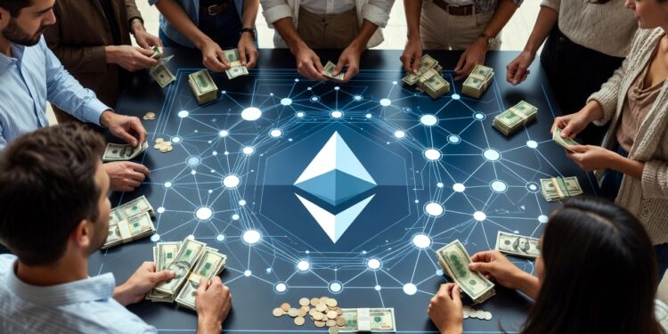 Una gran mesa circular con el logo de Ethereum en el centro con una red luminosa de nodos interconectados y alrededor de la mesa, un grupo diverso de personas coloca fajos de billetes sobre la mesa.