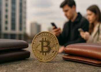 Moneda física de bitcoin dorada rodeada de carteras de cuero y en el fondo edificios de empresas y e personas con teléfonos en sus manos.