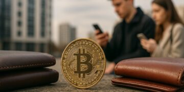 Moneda física de bitcoin dorada rodeada de carteras de cuero y en el fondo edificios de empresas y e personas con teléfonos en sus manos.