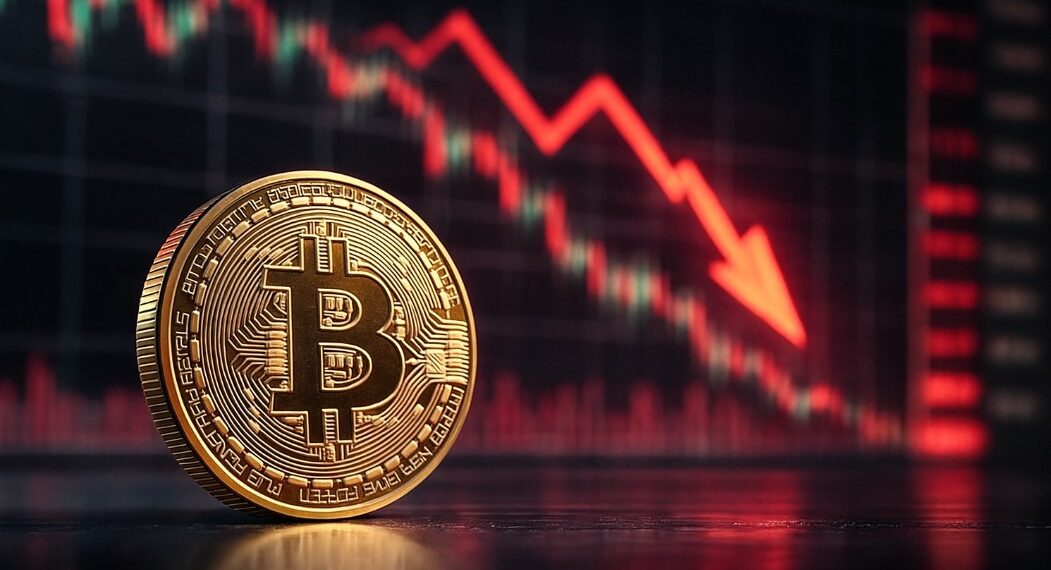 Moneda física de bitcoin dorada con gráficas en rojo de fondo.