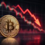 Moneda física de bitcoin dorada con gráficas en rojo de fondo.
