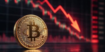 Moneda física de bitcoin dorada con gráficas en rojo de fondo.