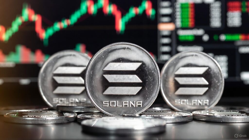 Varias monedas físicas de solana de acabado metálico con un fondo de gráficos de velas bursátiles.