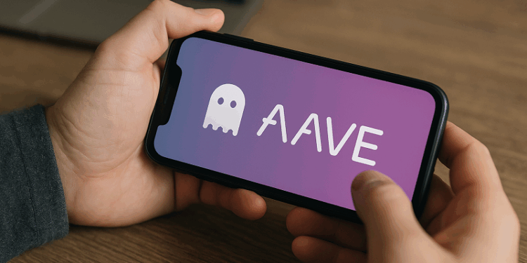 Un teléfono móvil con el logo de Aave.