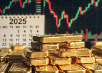 Lingotes de oro pulidos y en el fondo un calendario del año 2025 con meses visibles y gráficos bursátiles en verde y rojo.