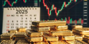 Lingotes de oro pulidos y en el fondo un calendario del año 2025 con meses visibles y gráficos bursátiles en verde y rojo.
