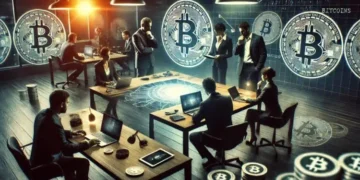 Fuerzas de la ley debatiendo sobre delitos en una sala de juntas. Se muestran alrededor monedas de bitcoin.