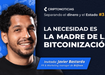 Javier bastardo con el titulo del podcast separando el dinero y el estado