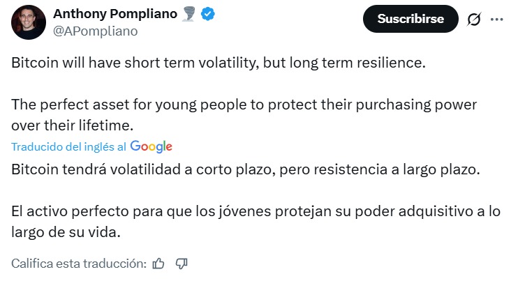 Anthony Pompliano opina sobre BTC.