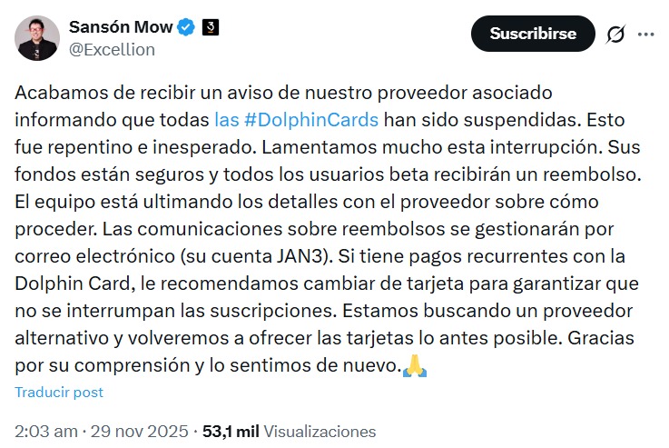 Samson Mow emite comunicado sobre las tarjetas Dolphin.
