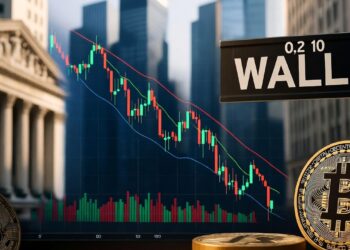 Edificio de la Bolsa de Nueva York (NYSE) al fondo, un cartel de Wall Street y, en primer plano, varias monedas físicas de bitcoin.