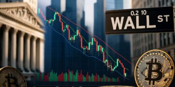 Edificio de la Bolsa de Nueva York (NYSE) al fondo, un cartel de Wall Street y, en primer plano, varias monedas físicas de bitcoin.