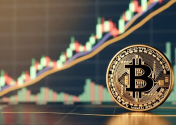 Moneda física de bitcoin dorada en primer plano, sobre un fondo de gráfico financiero con velas alcistas y una media móvil ascendente, simbolizando crecimiento.