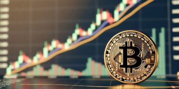 Moneda física de bitcoin dorada en primer plano, sobre un fondo de gráfico financiero con velas alcistas y una media móvil ascendente, simbolizando crecimiento.