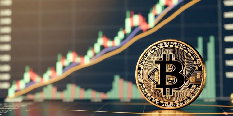Moneda física de bitcoin dorada en primer plano, sobre un fondo de gráfico financiero con velas alcistas y una media móvil ascendente, simbolizando crecimiento.