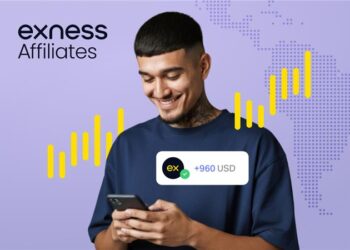 Persona con móvil, fondo violeta, gráfico amarillo y mapa. Se muestra ganancia en USD y logo Exness, destacando éxito afiliado financiero.