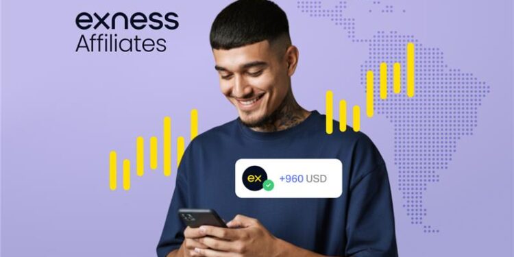 Persona con móvil, fondo violeta, gráfico amarillo y mapa. Se muestra ganancia en USD y logo Exness, destacando éxito afiliado financiero.