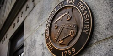 Fotografía del logo del Departamento del Tesoro de los Estados Unidos.