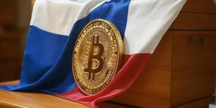 Bandera de República Checa junto a una moneda física de Bitcoin.