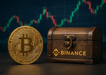 Moneda física de bitcoin dorada al lado de un cofre de madera que dice Binance, con gráficas de mercado en el fondo.