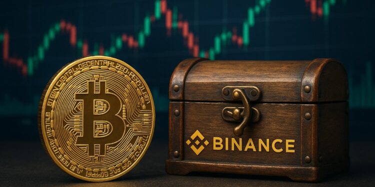 Moneda física de bitcoin dorada al lado de un cofre de madera que dice Binance, con gráficas de mercado en el fondo.