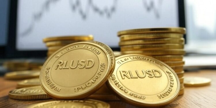 Monedas físicas doradas de Ripple USD (RLUSD) sobre una mesa.