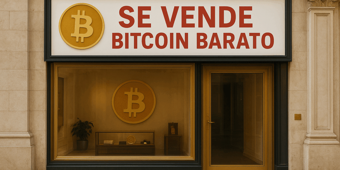 achada de una tienda moderna y elegante dedicada a Bitcoin. En la parte superior, un gran cartel blanco con letras rojas dice “SE VENDE BITCOIN BARATO”, acompañado del logotipo dorado de Bitcoin: una “B” mayúscula atravesada por dos líneas verticales.