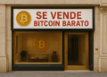 achada de una tienda moderna y elegante dedicada a Bitcoin. En la parte superior, un gran cartel blanco con letras rojas dice “SE VENDE BITCOIN BARATO”, acompañado del logotipo dorado de Bitcoin: una “B” mayúscula atravesada por dos líneas verticales.