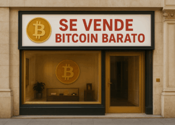 achada de una tienda moderna y elegante dedicada a Bitcoin. En la parte superior, un gran cartel blanco con letras rojas dice “SE VENDE BITCOIN BARATO”, acompañado del logotipo dorado de Bitcoin: una “B” mayúscula atravesada por dos líneas verticales.